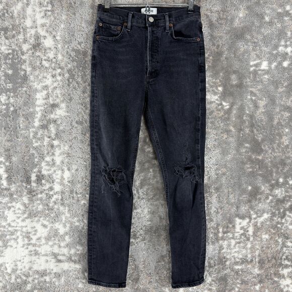Agolde Sz 26 Nico High Rise Distressed Button Fly Skinny Jeans Dark Denim Pants - Picture 1 of 12